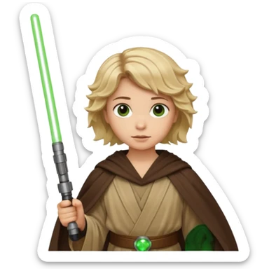 Young jedi with sandy blonde wavy short hair holding a green light saber, he has brown eyes sticker