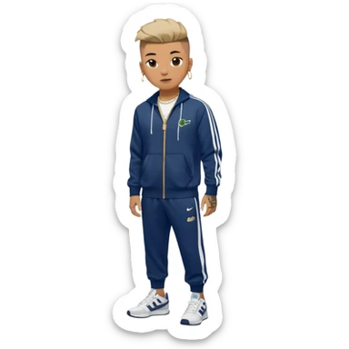 Capelli rasati ai lati con sfumatura, sopra corti e fissati con gel. Look curato e deciso. Indossa tuta firmata (Nike, Adidas, Lacoste, EA7) o jeans skinny, scarpe vistose come Air Force 1. Sempre presenti borsello a tracolla e collana d’oro E tatuaggi d’appertutto sticker