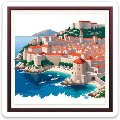 Cinematic Realistic aerial view of the historic city of Dubrovnik, showcasing its iconic red-roofed architecture, fortified walls, and sparkling Adriatic coastline, rendered with rich textures and warm Mediterranean lighting that captures its old-world charm. sticker