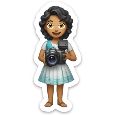 Indian woman with wavy hair and a folded skirt holding a video camera sticker