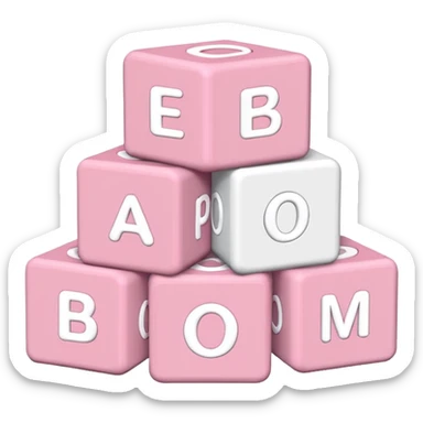 three Light pink and white toy alphabet blocks stacked with different letters sticker