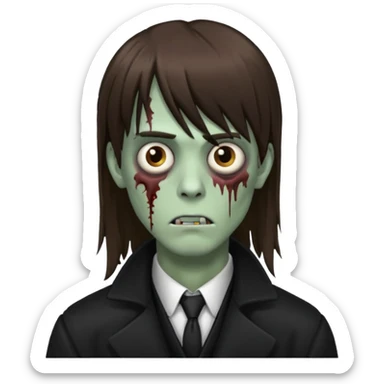 Zombie, emo guy with dark circles under his eyes and long brown hair with straight bangs, in a black long
 sticker