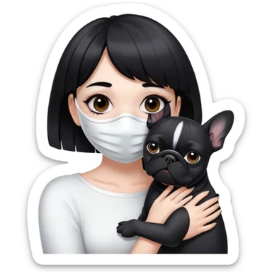 girl with short black straight bangs hair wearing a white mask and hugging a black French bulldog sticker