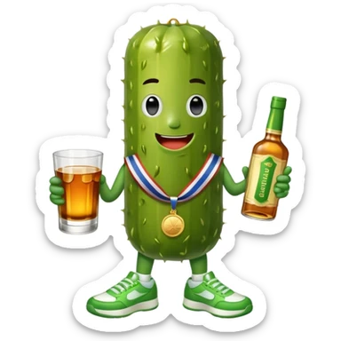 Pickle wearing gold medal with sneakers on holding two shots of whiskey sticker