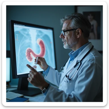 realistic doctor showing patient fecal analysis result with presence of parasites, monitor with enlarged image sticker