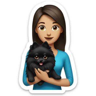 A brunette with light highlights and blue eyes holds a black pomeranian in her hands sticker