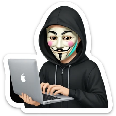guy fawkes mask black hoodie typing on macbook sticker