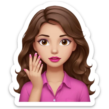 girl with long wavy brown hair, brown eyes, light to medium complexion, in a pink shirt, pink lips, long lashes, puckered lips, showing off painting nails sticker
