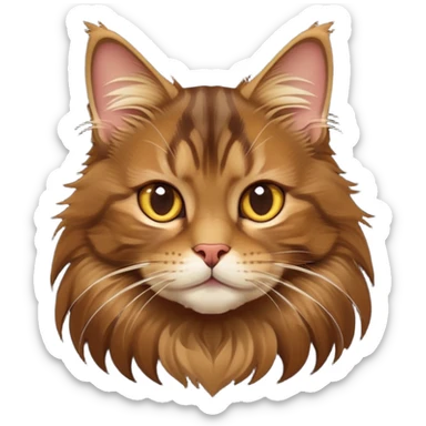 cinematic-cute brown-maine-coon-cat-portrait-emoji,-head-tilted-playfully-and-inquisitively,-sleek--brown-and-gold-tones-with-hints-of-deep-auburn-fur,-simplified-yet-adorable-features,-highly-detailed,-glowing-with-a-warm,-friendly-glow  sticker