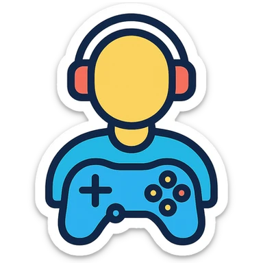 game player icon, stylized with a controller or joystick, modern flat design, bold outline sticker