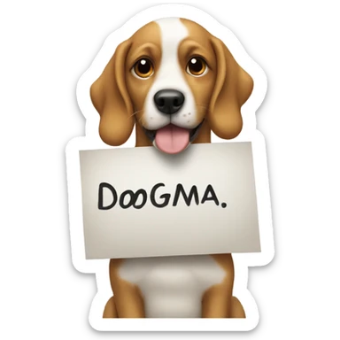 Dog holding a sign saying dogma sticker