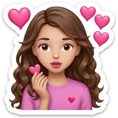 girl with long wavy brown hair, brown eyes, light to medium complexion, in a pink shirt, pink lips, long lashes, puckering up for a kiss, many  hearts in hand sticker