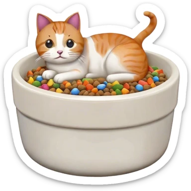 cat pet food bowl with, the food is piled on top of the bowl where it is so full. Make the kibble in the food bowl white with rainbow pieces sticker