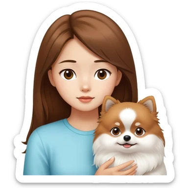 Brown hair asian girl look at one white Pomeranian  sticker
