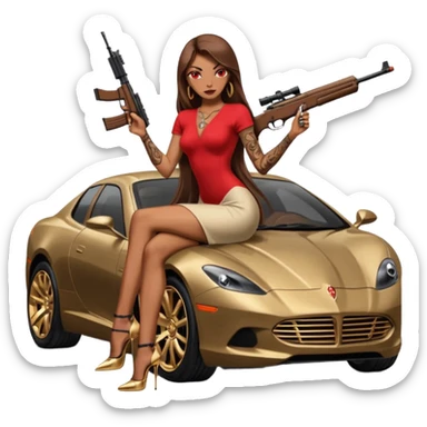 Lilith tan skinfemale red eyes symbol. Tattoo arms. Her hair is brown straight long hair.wearing sexy long  erotic dress with slit. black stiletto platform high heels shoes on. Sitting on gold giant luxury car with cash surrounding her. She is holding a sniper rifle in one hand cash in other hand sticker