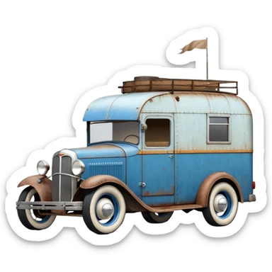 A 1934 ratty old antique rat Chevrolet hot rod caravan pulling behind it, a large matching trailer that’s blue and pearl  sticker