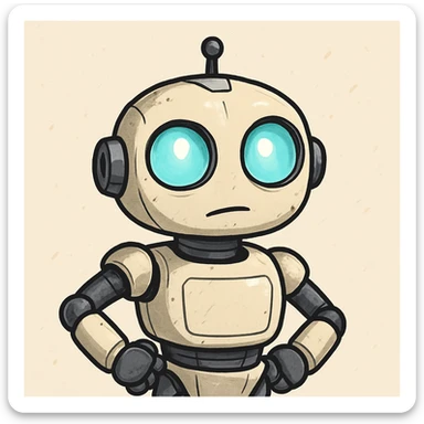 robot assistant with bright eyes staring intently, cartoon style, light background sticker