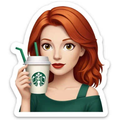 A 30-year-old red-haired woman with shoulder-length hair, heavy makeup, and a Starbucks cup in her hand. sticker