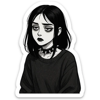 goth girl with black hair, pale skin, bored look, wearing spiked choker and oversized sweater sticker