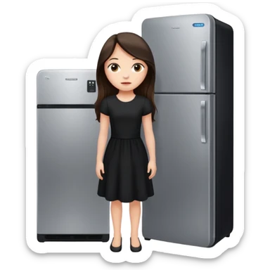 девушка брюнетка с длинными волосами в черном платье стоит рядом с холодильником  sticker