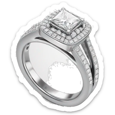 White gold engagement ring princess cut halo with double band and hundreds of diamonds in the band  sticker