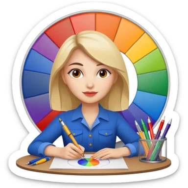 female graphic designer , color wheel, pens, papers sticker