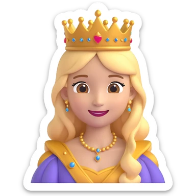 A cartoon-style princess emoji with long hair, wearing a golden crown, smiling softly, and dressed in a royal gown sticker