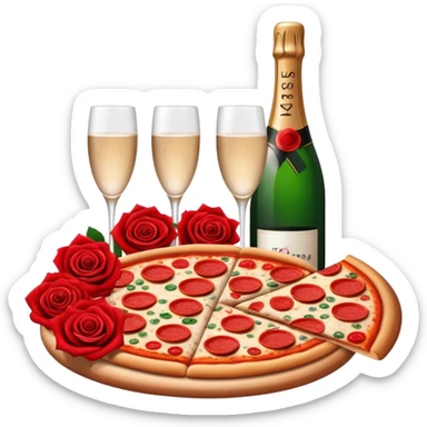Red roses, champagne and pizza sticker
