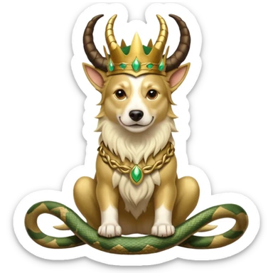 loki god of mischief as a dog. he as snakes. he wears a horned crown as the god himself.  dynamic pose sticker