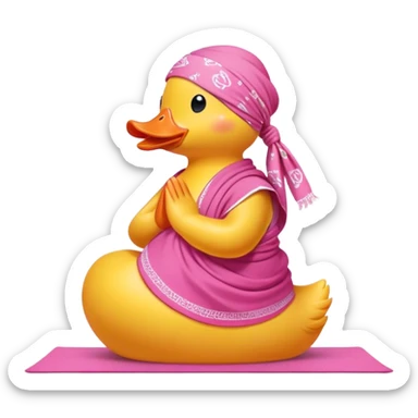 side view of yellow rubber duck with a pink bandana doing yoga while praying sticker