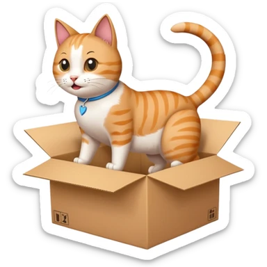 cat jumping out of a box with a white arrow showing the direction of the cat out of the box sticker