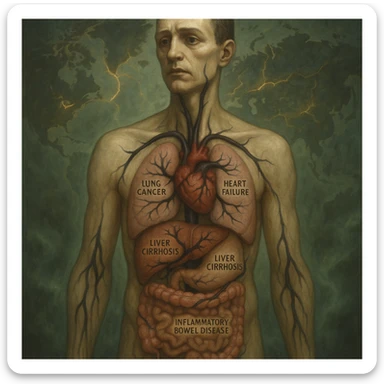 semi-realistic, allegorical style human figure with visible organs, black parasites branch to organs, each organ labeled with a disease name in small text, world map, glowing fissures, green mist sticker