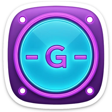 futuristic minimalistic emoji icon, letters "G" formed by three glowing digital lines representing Storm, Atom and NoizeGames, neon purple (#8B5CF6) and cyan (#00E0FF) on dark background, modern tech style, 1:1 aspect ratio sticker