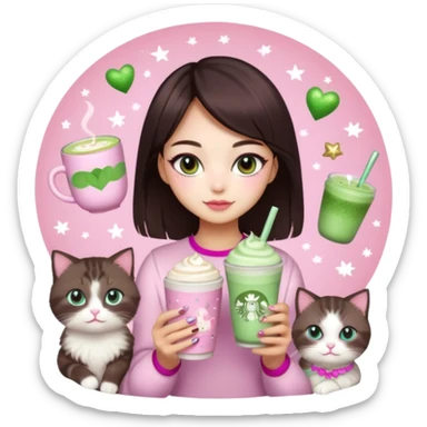 asian girl with shoart dark brown hair with a soft girl pink glowup aesthetic. matcha latte sparkles girly things, 2 ragdoll cats, skincare, makeup, money, luxury sticker