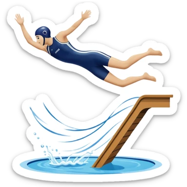 An icon showing a diver captured mid-air in a graceful pose above a pool, with a diving board behind and water below. Splash trails and motion lines emphasize precision and elegance. Transparent background highlights the beauty and focus of competitive diving. sticker