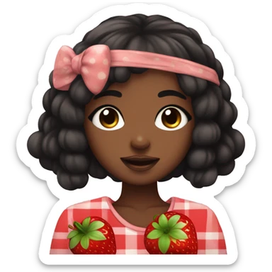 Anime-Style Eyes. African Lady. Kawaii. Cottagecore. Brown Skin. Black hair. Hold a giant strawberry sticker
