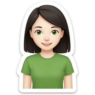 Young girl with straight, dark hair, damaged and unattractive, wearing a green T-shirt, looking happy and cheerful. sticker