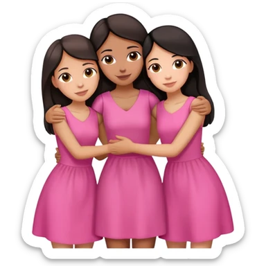 Three sisters hug, one medium light skin with dark brown hair, one tan skin black hair, one tan skin dark brown hair, pink dresses sticker