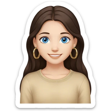 Girl with long dark brown hair and blue eyes with light medium skin and small gold hoops smiling  sticker