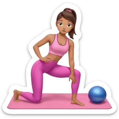 A tanned girl with brunette hair in her 20’s doing Pilates wearing a ALO pink workout set  sticker