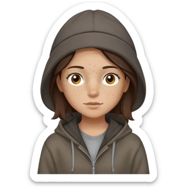 Hobo tomboy with light skin, freckles, shoulder-length center-parted dark brown hair. brown eyes, dark dull brown hoodie, grey shirt. Bolero hat sticker