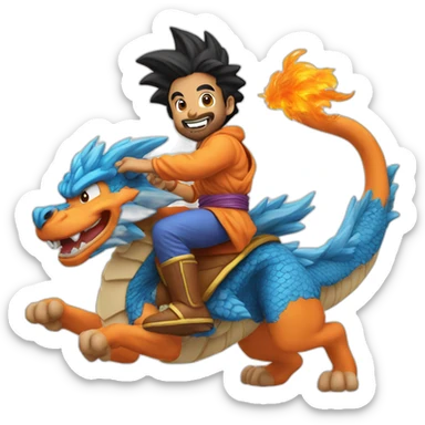 indian adult guy wearing Goku costume riding a blue flying dragon sticker