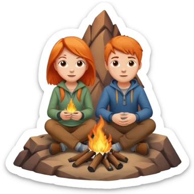 A girl with orange hair and a boy with brown hair sitting on a mountain in front of a campfire sticker