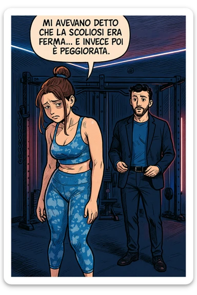 fai questa immagine in versione fumetto/manga/webtoon a colori, il manga mostra la donna disperata con un fumetto sulla testa che dice:
Mi avevano detto che la scoliosi era ferma… e invece poi è peggiorata.
 sticker