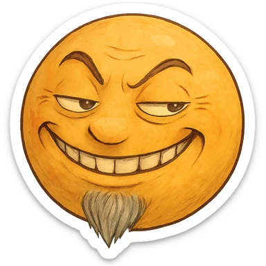 ghibli style smug and greedy yellow emoji with a thin gray beard sticker