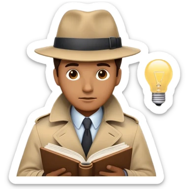 A detective emoji, wearing a classic trench coat and hat, intently reading a person human book a cover of a person. , a glowing lightbulb represents a sudden realization—symbolizing research, curiosity, and critical thinking. The book’s cover subtly features the silhouette of a person  sticker