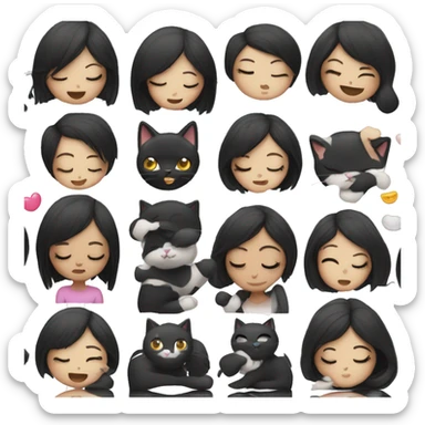 girl with straight black hair cuddling black and white cat with tongue out and closed eyes sticker