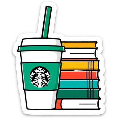 Starbucks, pile of books sticker