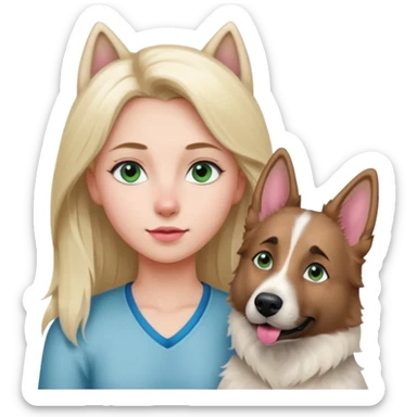 White European young woman with blue-green eyes and long blond hair with her white German Shepherd dog,the Dog hast a pink nose and short fur  and Brown eyes sticker