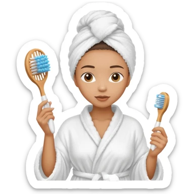 lightskin Women wearing shower robe and their hair with towel holding one brush sticker